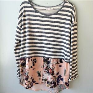 Anthropologie Striped Black & White Layered Floral Hem Top